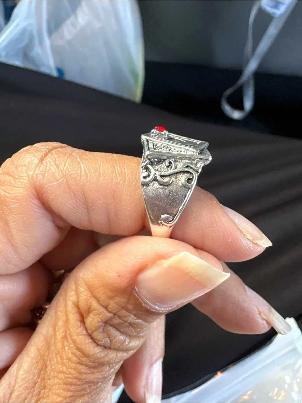 Silver-Tone Playing Card Heart Ring with Red Accent
